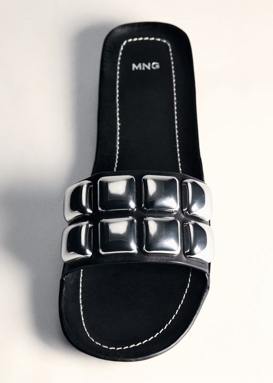 MANGO MNG Leather Maxi Stud Slide Sandals Black EUR 37 US 6.5-7 Womens NWT